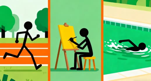 Examples of action words in the Imposter Game, showing figures running, drawing, and swimming.