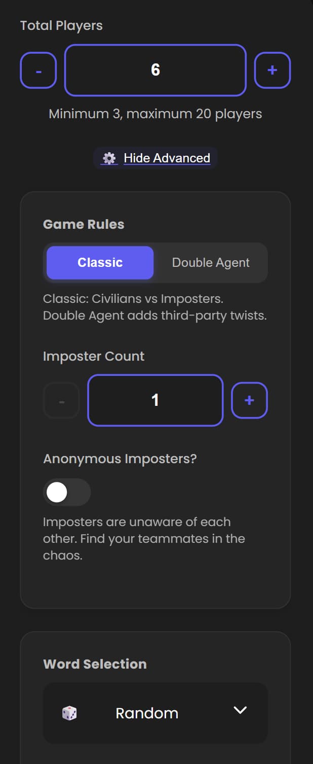 A screenshot of the Advanced Settings panel, highlighting all customizable options like Game Rules, Role Configuration, and Word Selection.