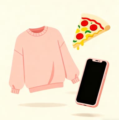 Examples of concrete objects in the Imposter Game: pizza, a sweater, and a mobile phone.