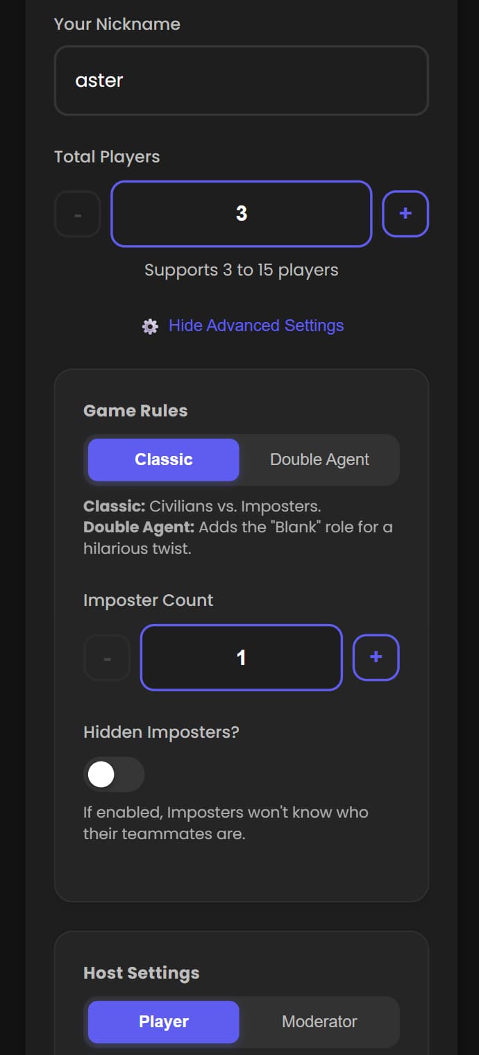Create room screen with Host Settings set to Player for hostless mode.