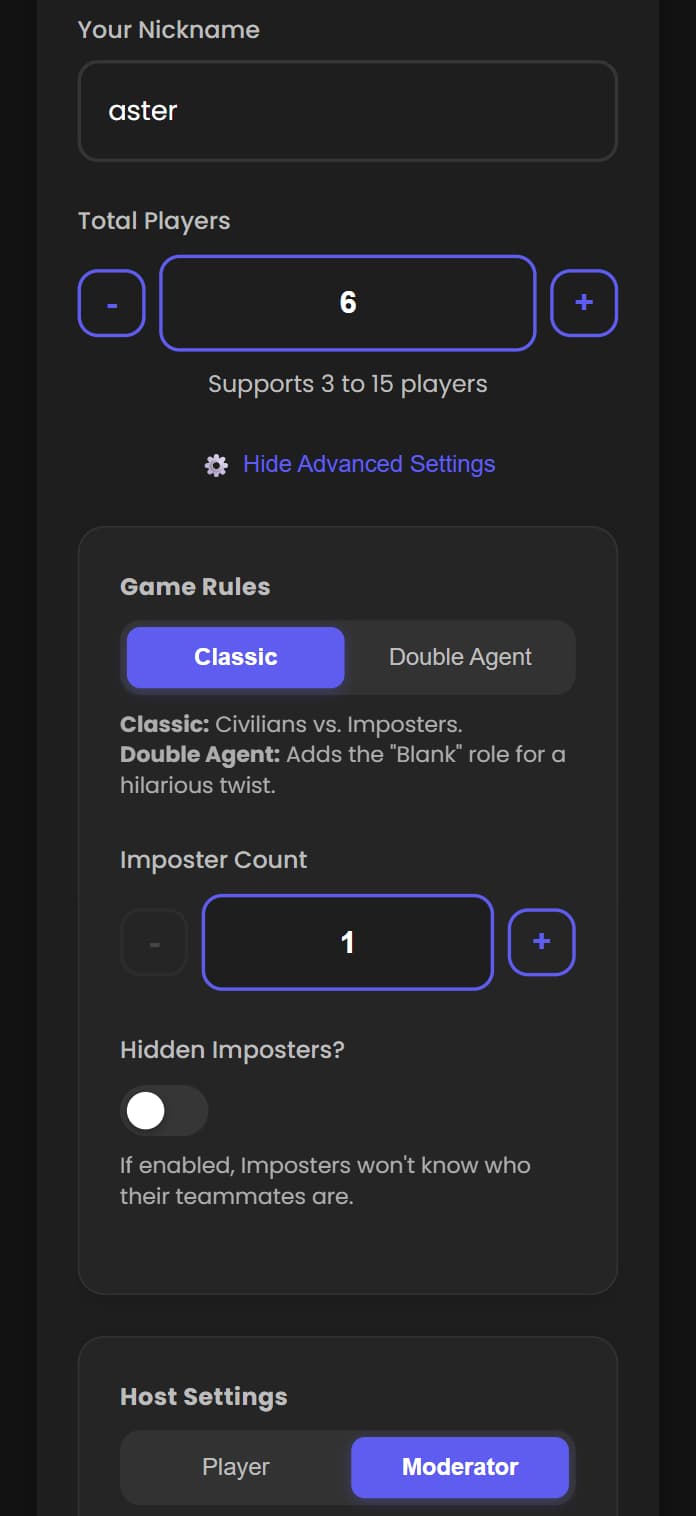 Create room screen with Host Settings set to Moderator and advanced options visible.