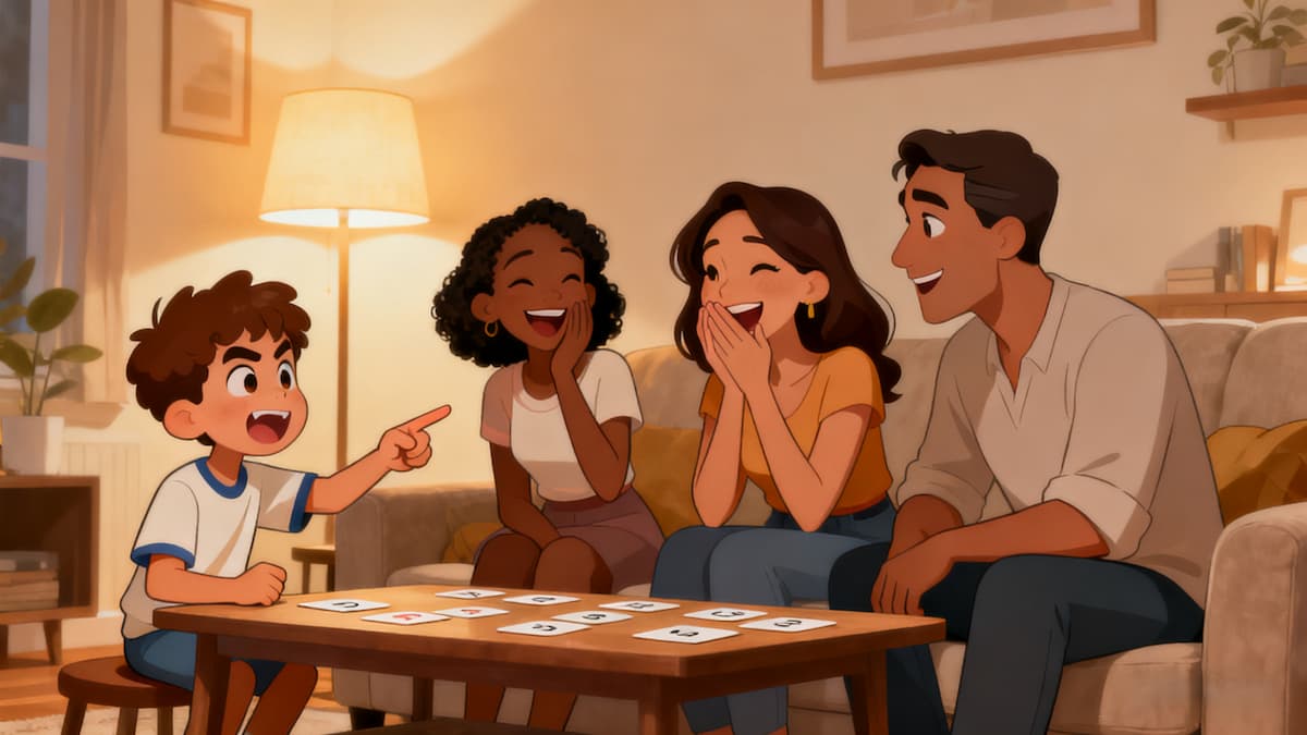 A happy family playing Imposter Game together.