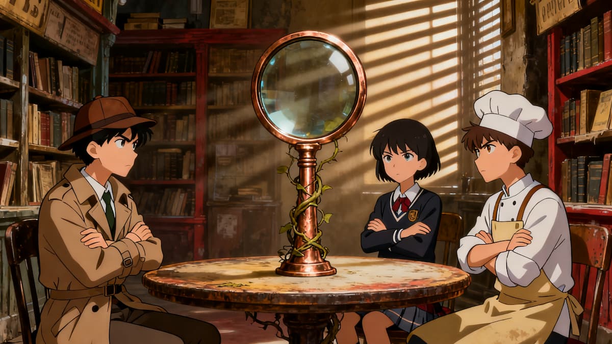 Three players scrutinizing each other in a small group Imposter Game.