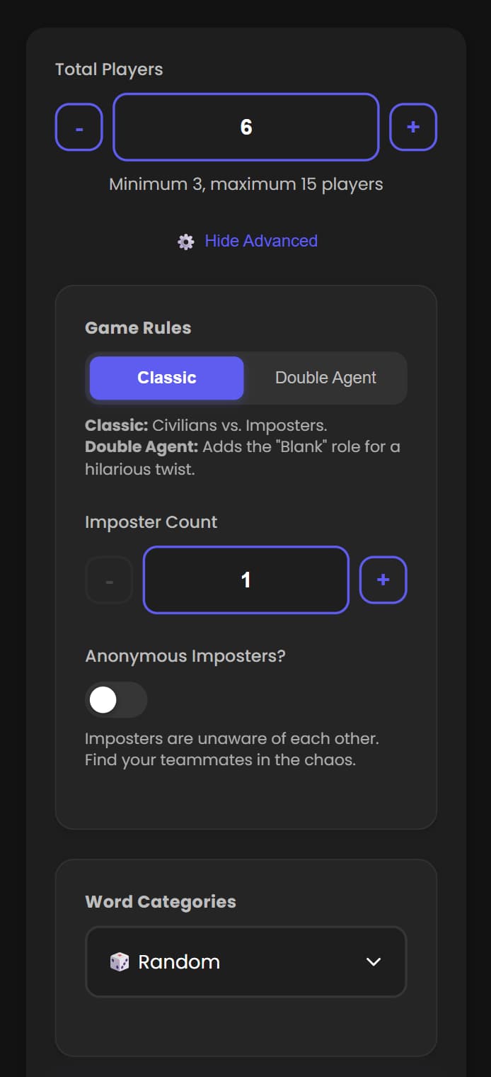 Screenshot of the advanced settings panel highlighting game rules, roles, and word options.