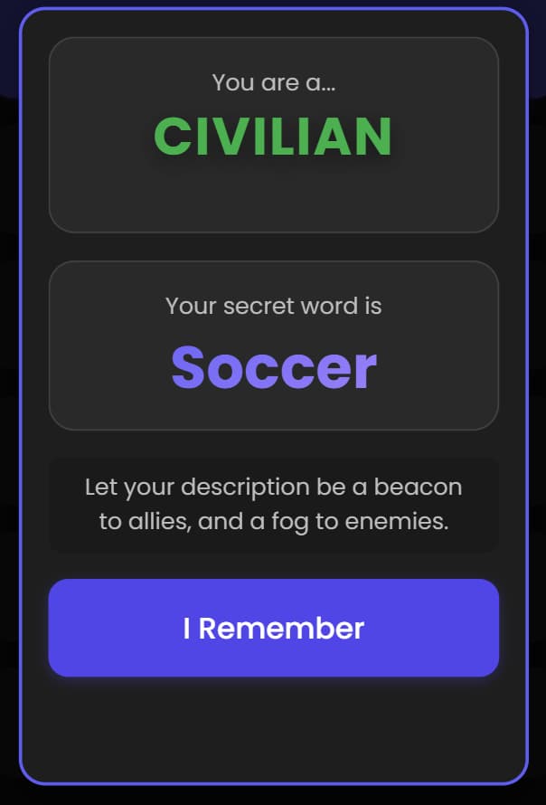 A screenshot of the role reveal screen, showing a sequence of player buttons with the first one active and the rest disabled to illustrate the sequential reveal process.