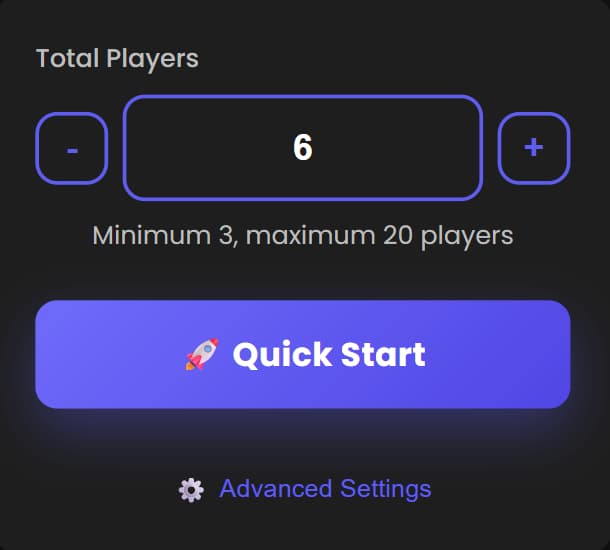 A screenshot of the Quick Start interface, showing the player number input and the prominent 'Quick Start' button.