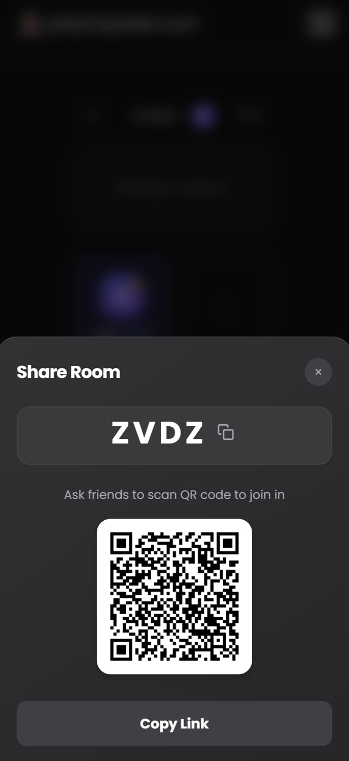 Room sharing panel showing QR code and copy-link options.