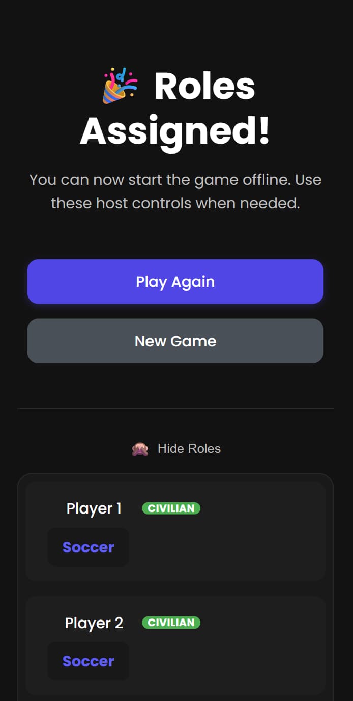 A screenshot of the role reveal screen, showing a sequence of player buttons with the first one active and the rest disabled to illustrate the sequential reveal process.
