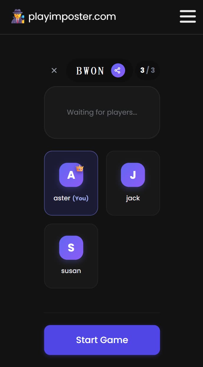 In-room player list before starting the Imposter game.