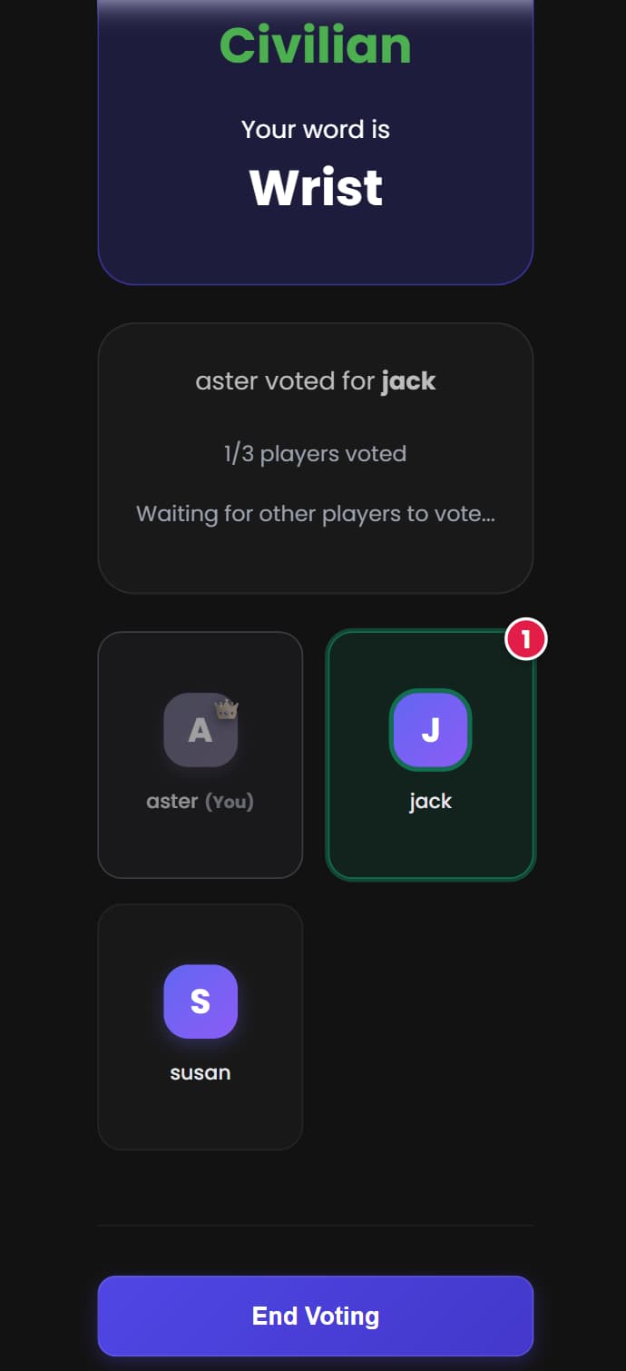 Players casting their votes in an Imposter game round.