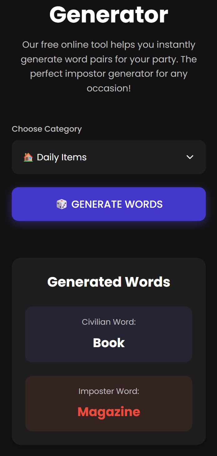 A screenshot of the Random Word Generator tool, showing a generated pair of words and the 'Generate' button.